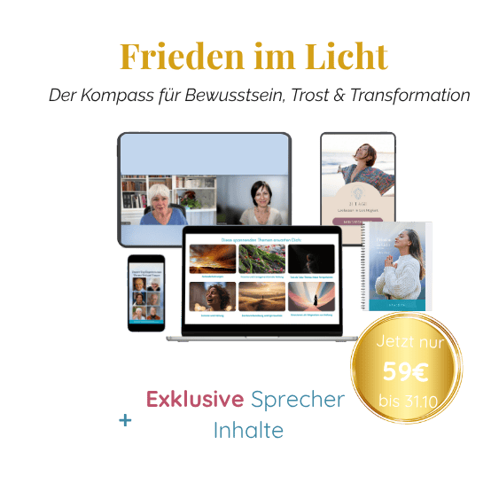 Mehrere Endgeräte und Hefte, Flyer mit hoffnungsvollen Bildern, die die Inhalte des Frieden im Licht Hoffnungskompasses repräsentieren